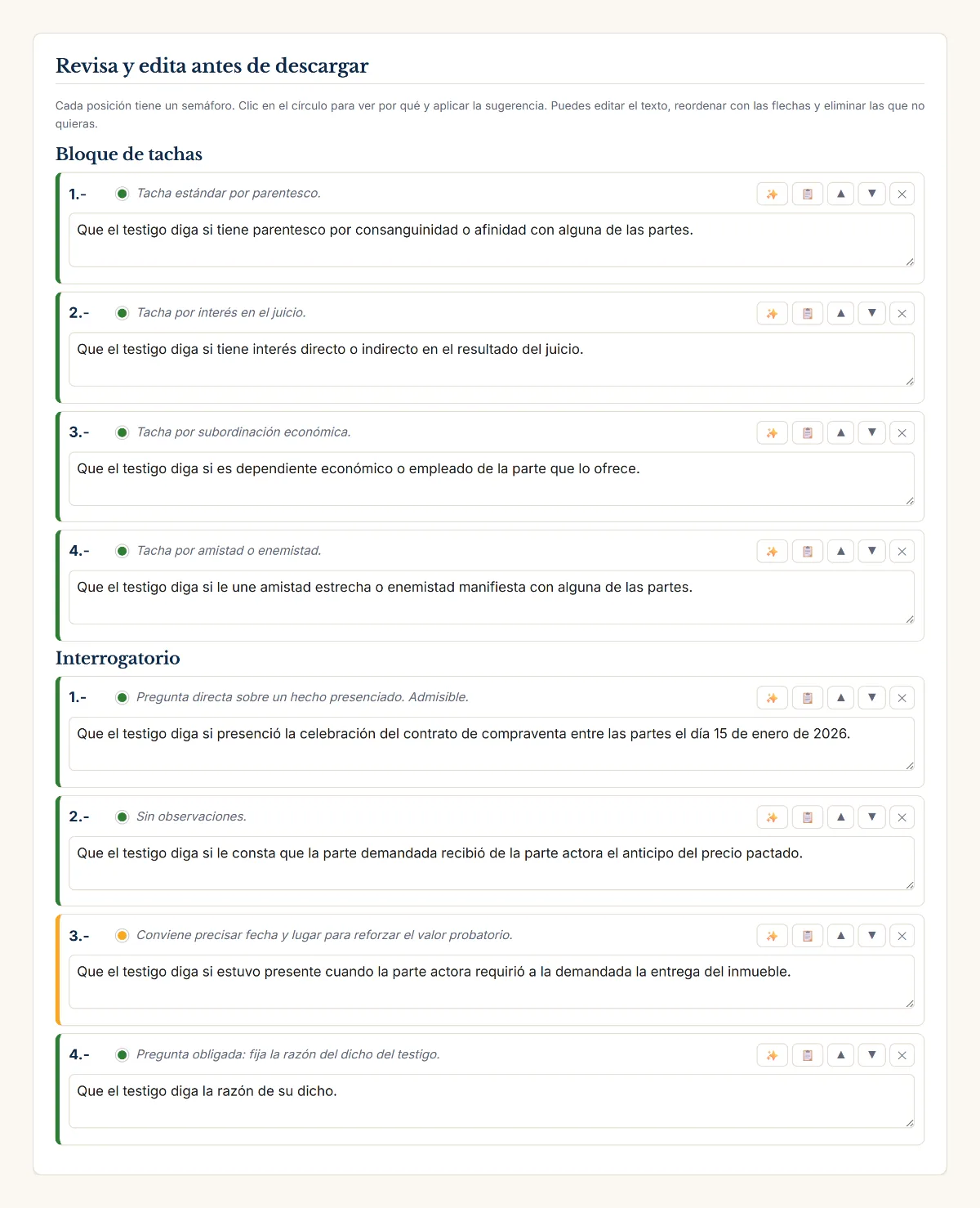 Interrogatorio para testigos, con tachas