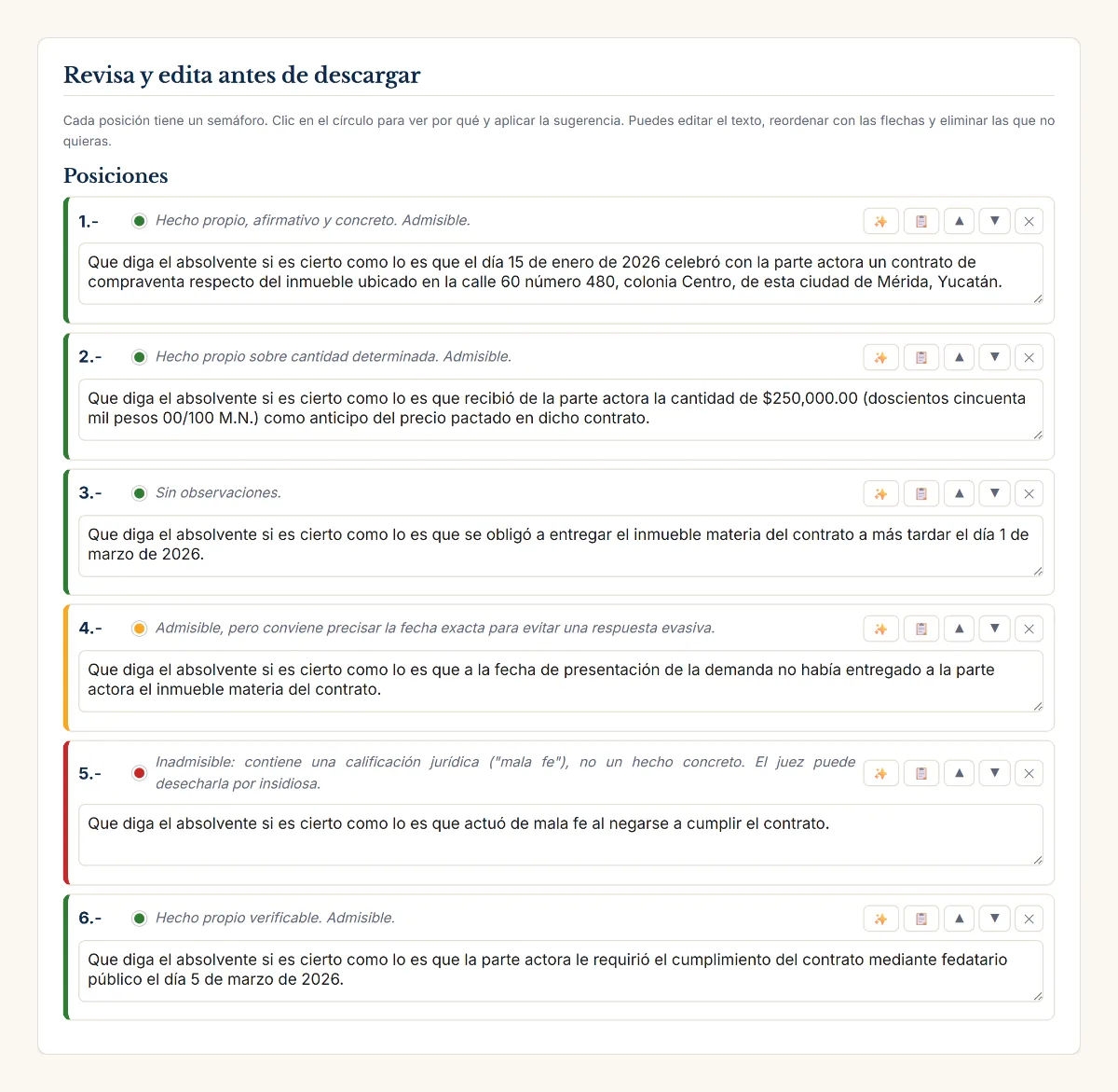 Posiciones con semáforo de admisibilidad